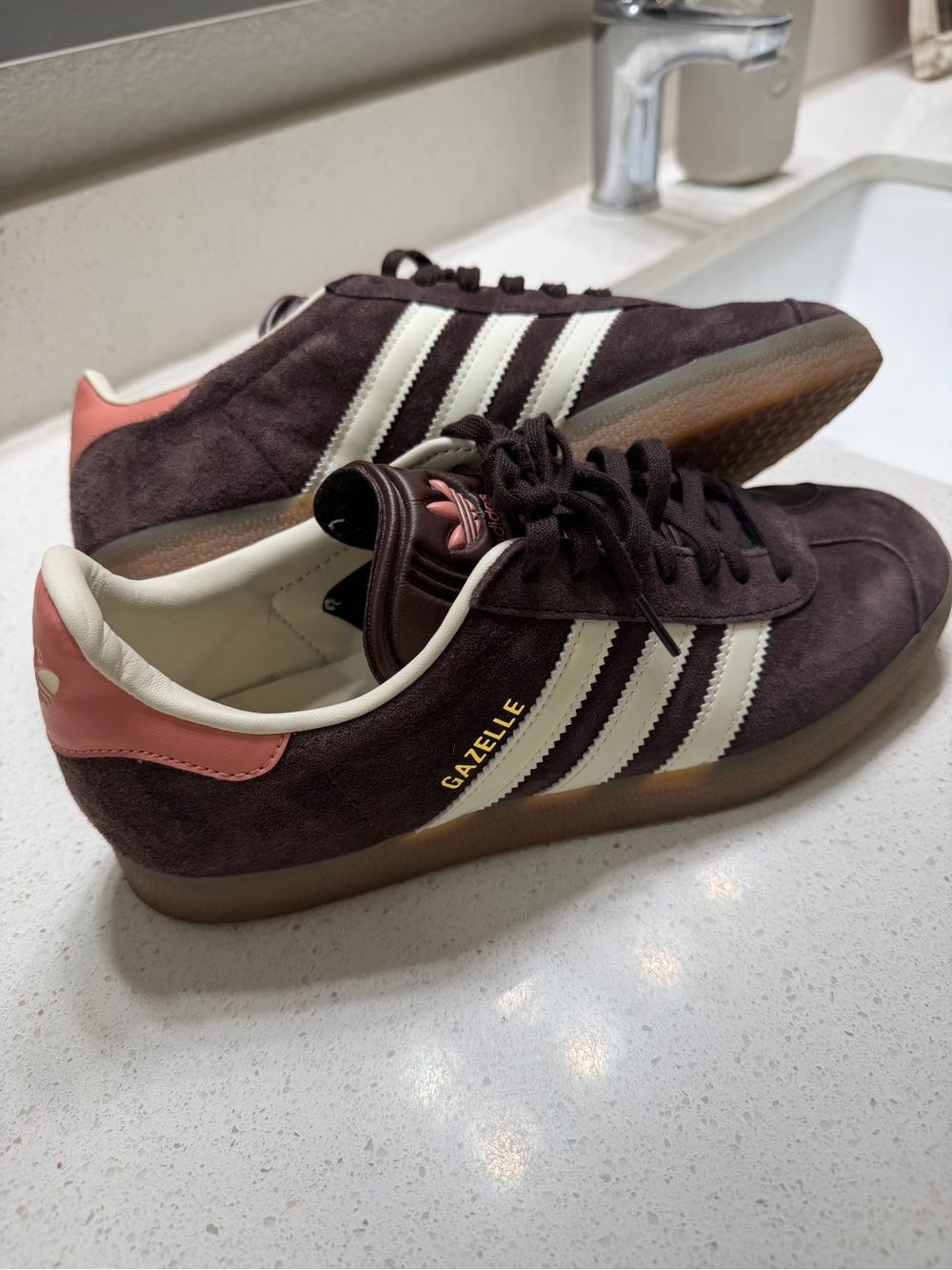 adidas Gazelle - Dark Brownish Plum, White Stripes, Pink Heel & Logo - Picture 4 of 8